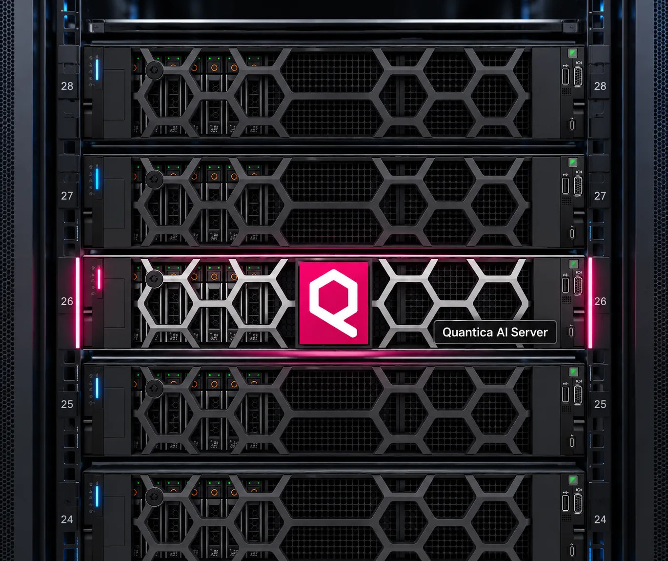 Serwer Quantica AI zamontowany w szafie rack, z podświetlonym logo Quantica